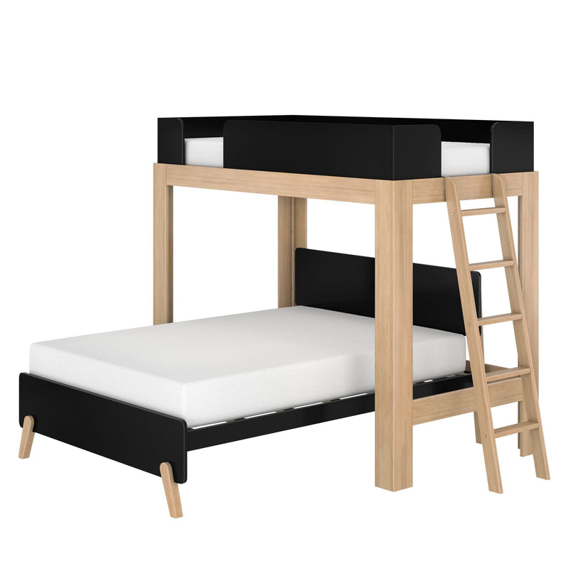 Modern natural wood loft bunk bed with black guardrails and ladder, twin mattress platform for space-saving kids' bedroom furniture