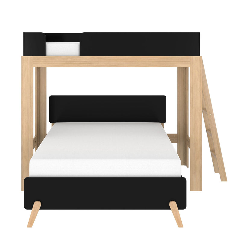 Minimalist twin bunk bed with natural wood frame, black guardrails and ladder, white mattresses