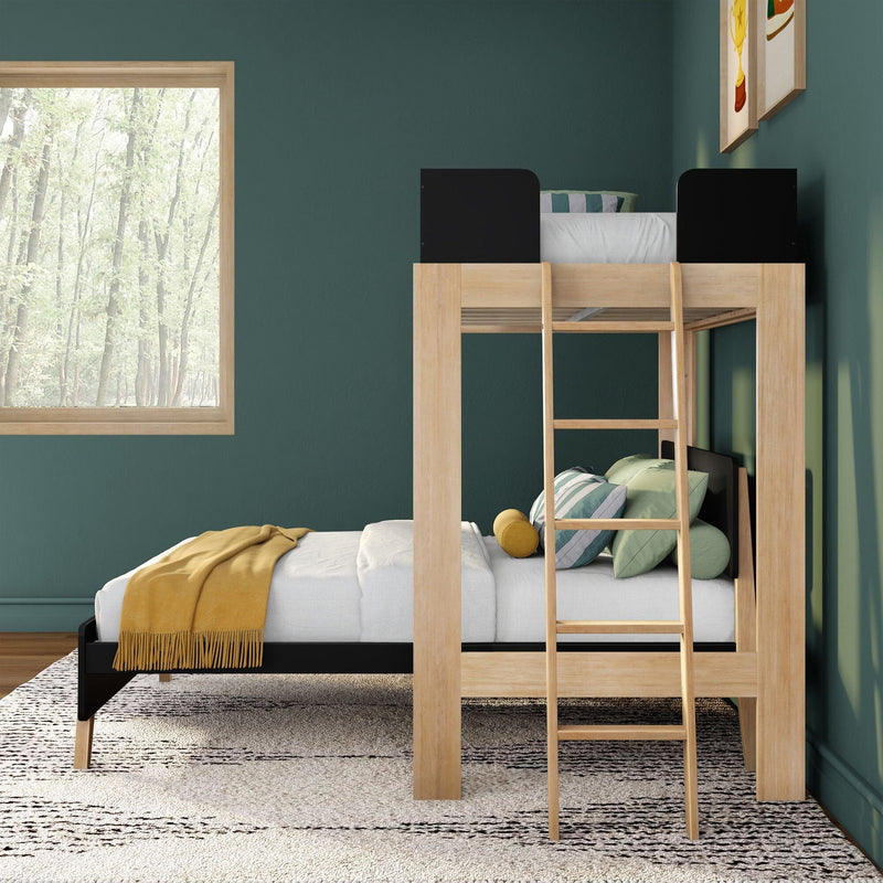 Wooden loft bunk bed with ladder in modern teal kids' bedroom, cozy pillows, mustard throw and large window with forest view