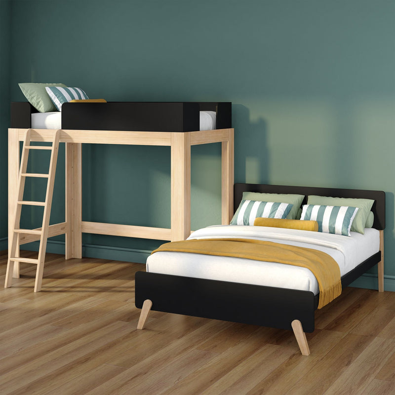Modern wooden loft bunk bed with ladder in teal kids' bedroom, striped green pillows and mustard throw on twin mattress