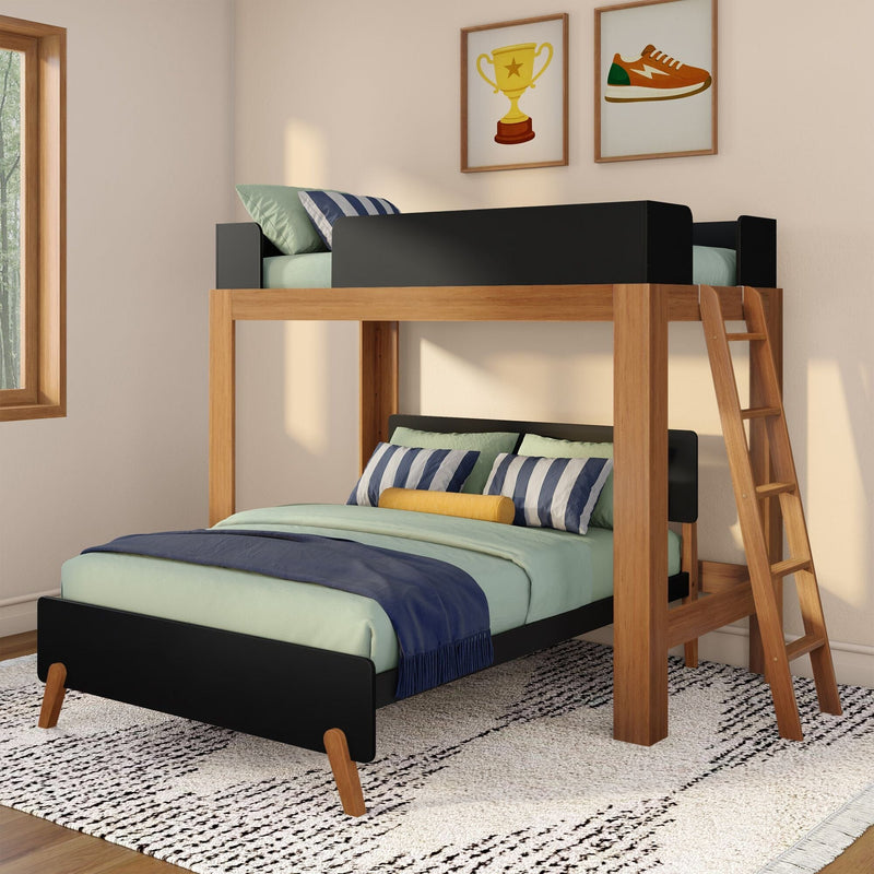 Modern wooden loft bunk bed with black guardrails and ladder in kids' bedroom, mint bedding and striped pillows, blue throw, framed trophy and sneaker wall art, textured area rug by window