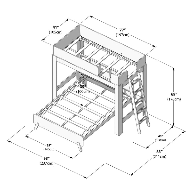 Isometric line drawing of a wooden twin-over-full bunk bed frame with ladder, guard rails and mattress slat supports, annotated with dimensions in inches and centimeters (77", 41", 69", 83", 93", 55", 43", 39").