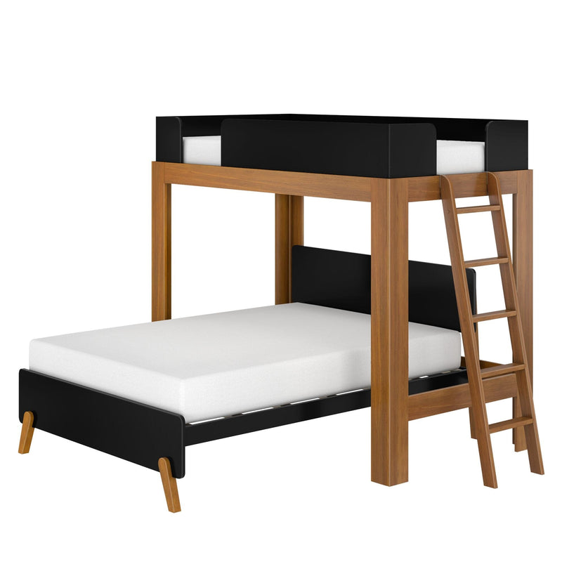 Twin wooden loft bed with black guardrails, built-in ladder and white mattress, modern space-saving design
