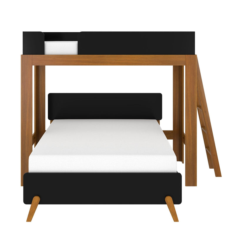 Modern wooden loft bed with built-in ladder, black guardrails and white mattress, contemporary twin loft frame