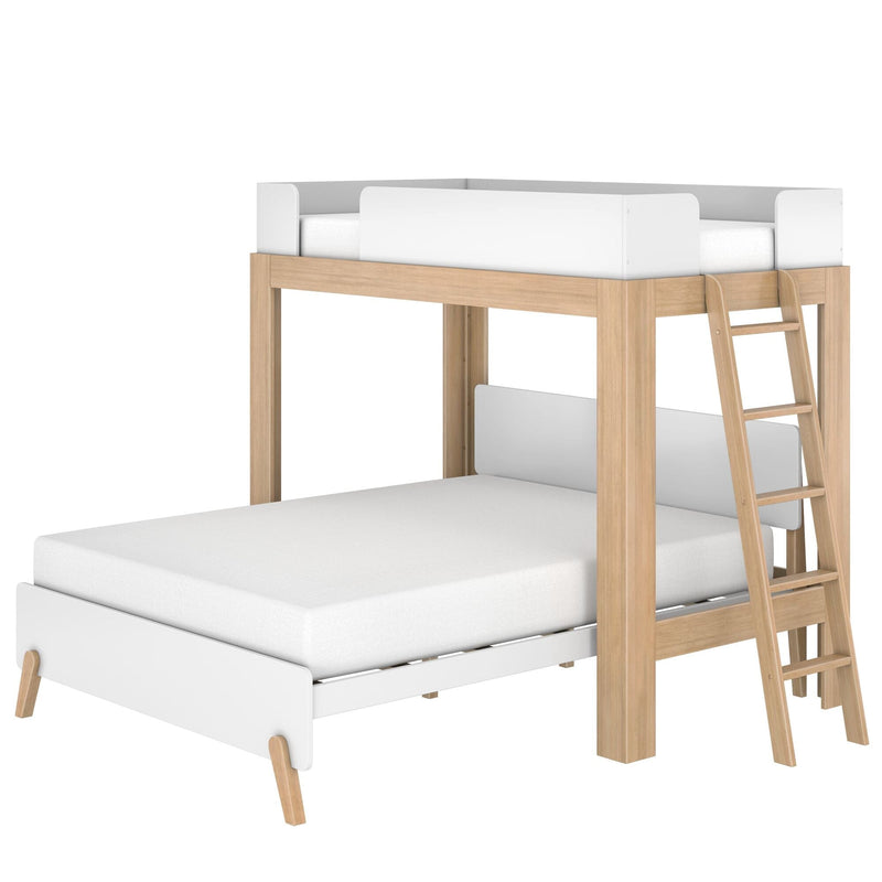 Natural wood and white twin loft bed with safety guardrails, ladder and lower bed platform — space-saving kids bedroom furniture