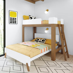 Modern bunk bed design with wooden frame and contemporary decor in a bright bedroom.