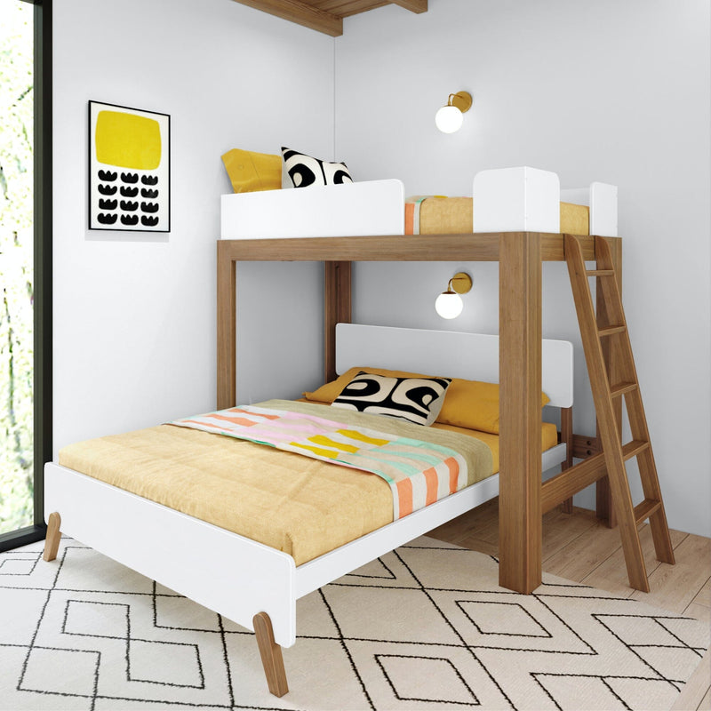 Modern wooden loft bunk bed in kids' bedroom with yellow bedding, geometric rug, framed wall art and brass sconces
