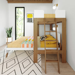 Modern wooden bunk bed with colorful bedding in a bright bedroom design.