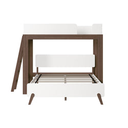 Modern white and wood finish bunk bed frame with angled ladder for kids or teens.