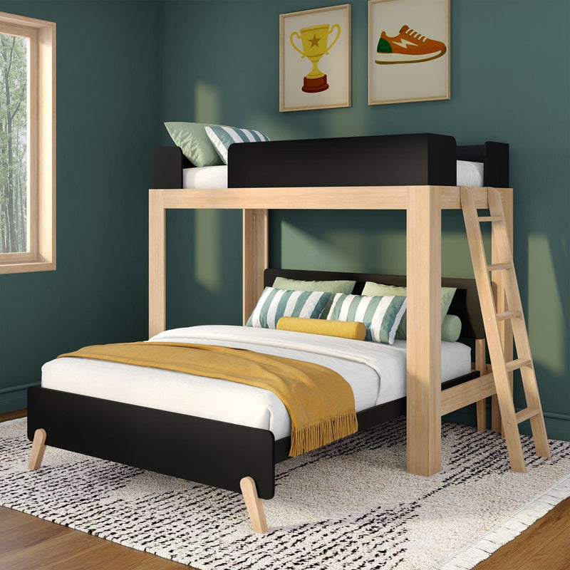 Wooden loft bunk bed with ladder in modern kids' bedroom, green accent wall, striped pillows, mustard throw blanket, framed art and window
