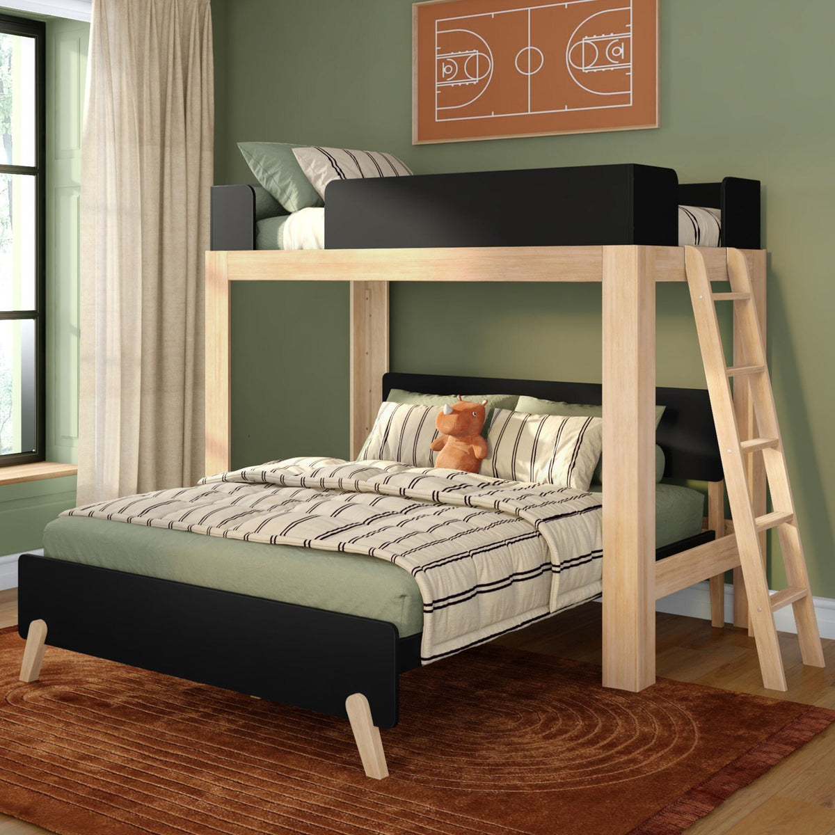 Mid-Century Modern Twin Over Queen L-Shaped Bunk Bed – Max and Lily, image size:1200x1200