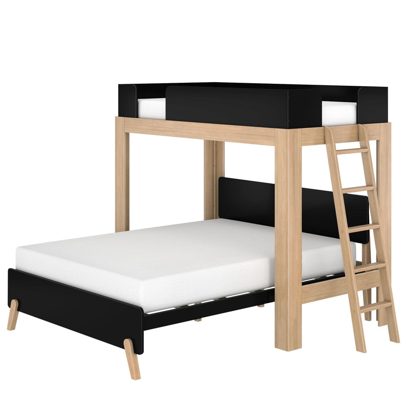 Natural wood loft bunk bed with black safety rails and ladder, space-saving twin-over-twin design with white mattresses for kids' bedrooms