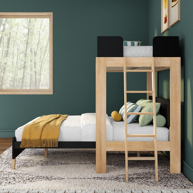 Natural wood loft bunk bed with ladder, mustard throw blanket and green striped pillows against a dark green wall beside a large window with forest view — modern Scandinavian kids' bedroom design
