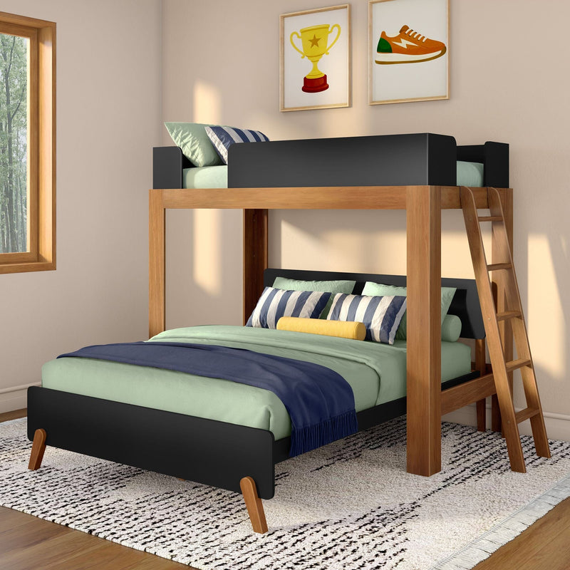 Modern wooden loft bunk bed with ladder in a children's bedroom, mint green bedding, blue-striped pillows, yellow bolster, framed trophy and sneaker wall art, and sunlight from a nearby window