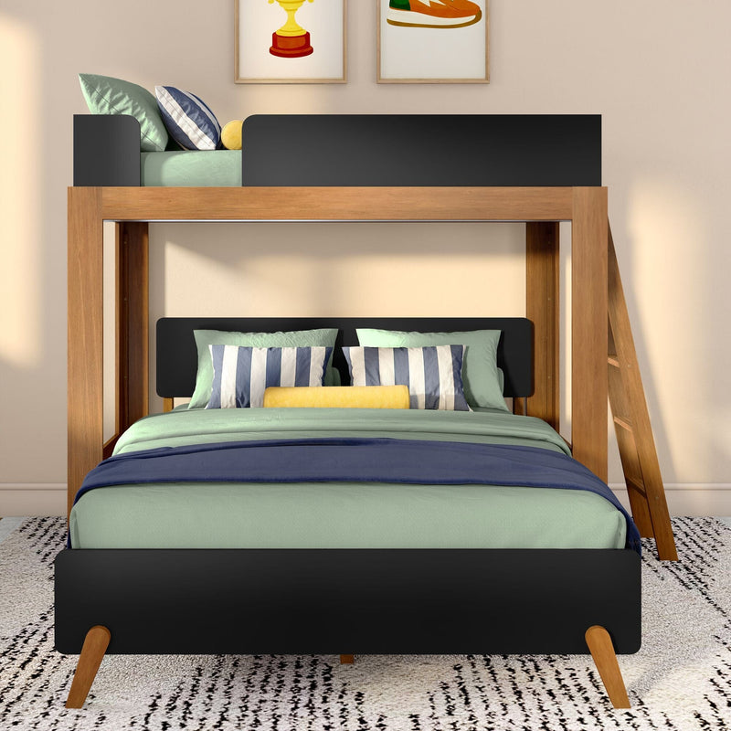Modern wooden loft bunk bed with mint-green bedding, navy striped pillows, yellow bolster, ladder and textured rug in a styled kids' bedroom