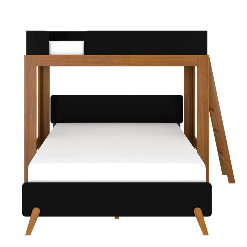 Modern solid wood twin loft bed with black guardrails and angled ladder, white mattress and mid-century oak finish