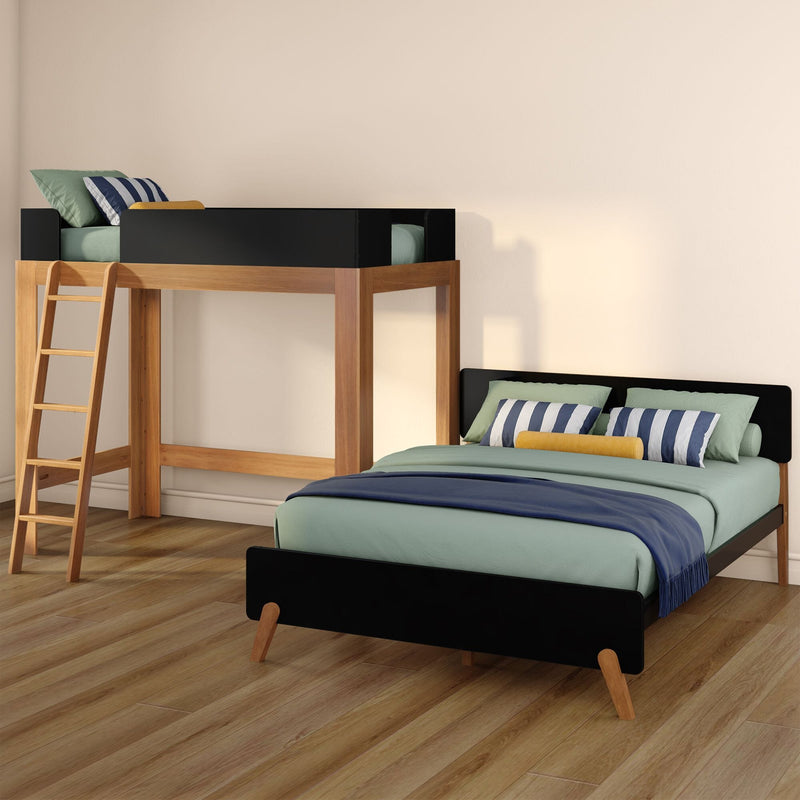 Modern wooden loft bed with ladder and lower bed, mint green bedding and navy striped pillows in a kids' bedroom