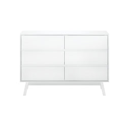 White mid-century modern six-drawer dresser with angled legs and recessed handles, minimalist bedroom storage chest for contemporary interiors
