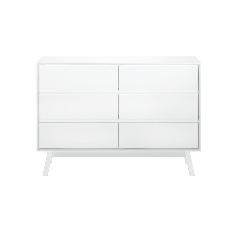White mid-century modern six-drawer dresser with angled legs and recessed handles, minimalist bedroom storage chest for contemporary interiors