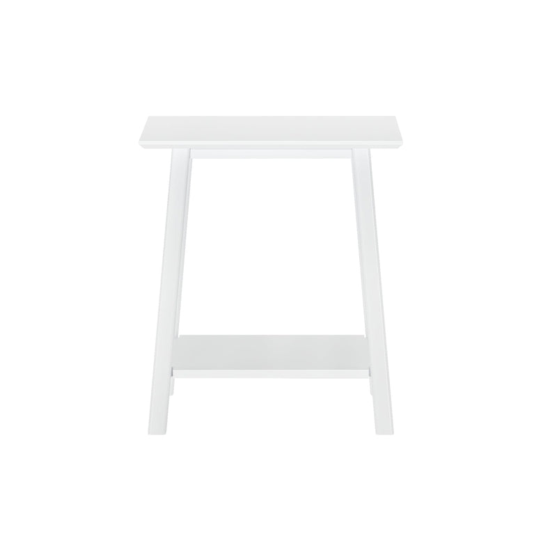 Small white wooden side table with rectangular top, A-frame legs and lower shelf — modern accent table for entryway, bedside or living room on white background