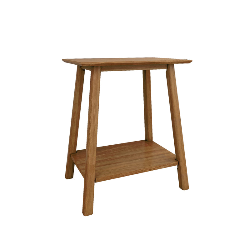 Small solid wood two-tier side table with tapered legs and lower shelf, natural wood finish, minimalist modern design