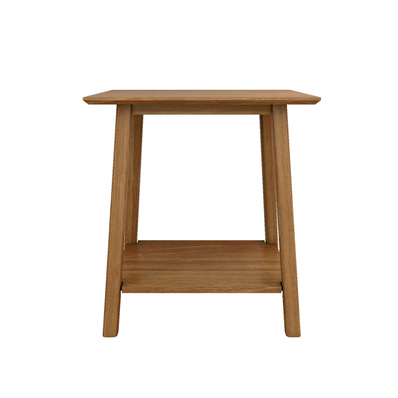 Natural oak bar stool with square seat, tapered legs and lower footrest shelf for kitchen island or breakfast bar