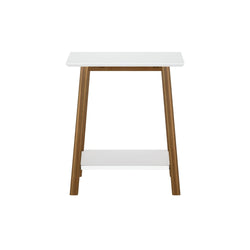 Modern minimalist wooden stool with white top and lower shelf for home decor.