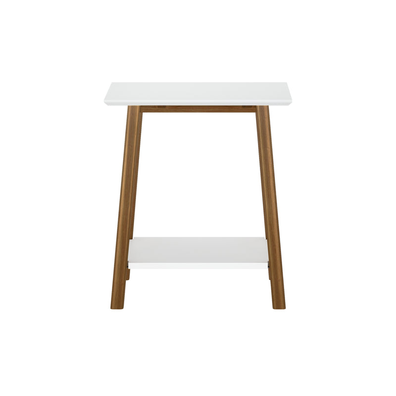 Mid-century modern white top side table with lower shelf and angled walnut legs, compact accent end table for living room or bedroom