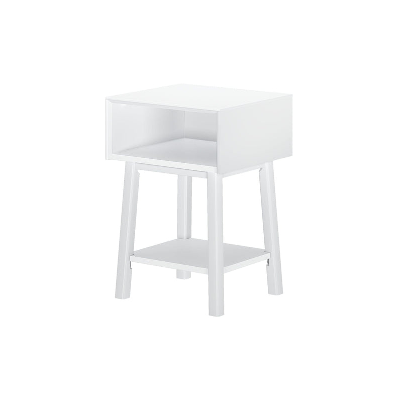 White modern bedside table nightstand with open cubby and lower shelf, minimalist Scandinavian-style wooden legs for bedroom storage