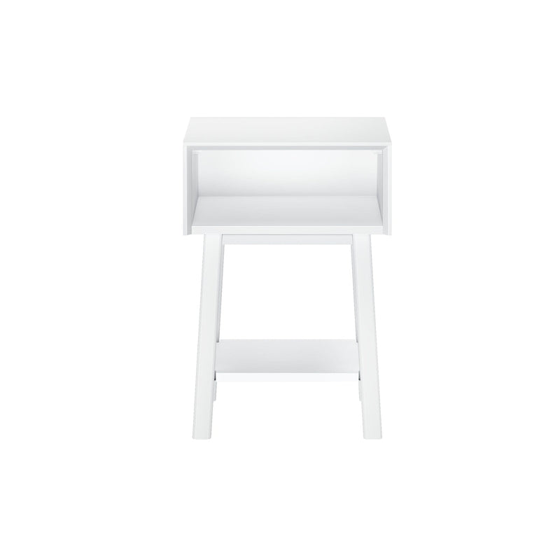 Minimalist white nightstand bedside table with open storage shelf and lower shelf on angled legs, modern small bedroom furniture