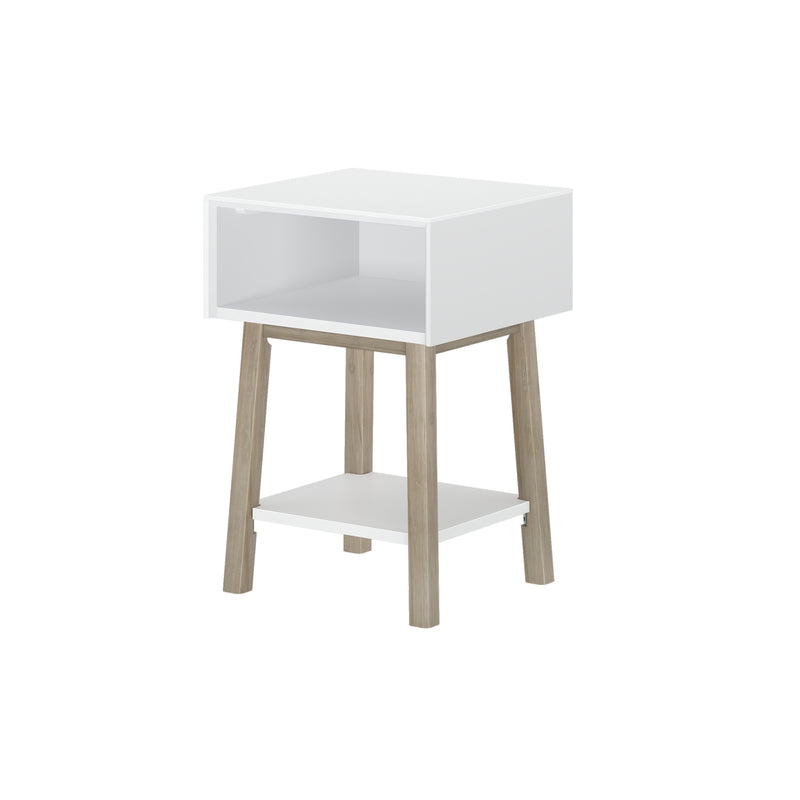 Minimalist white modern bedside table with open cubby shelf and natural wood legs, small nightstand storage for bedroom