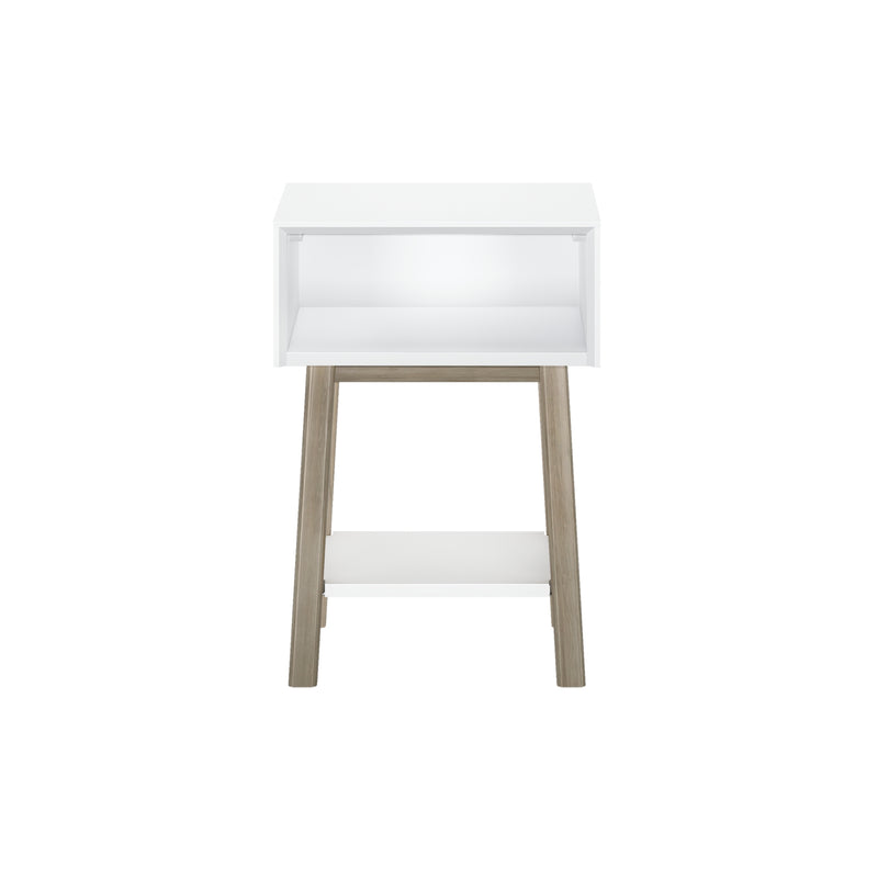 Scandinavian modern white bedside table with open shelf and natural wood legs, minimalist nightstand