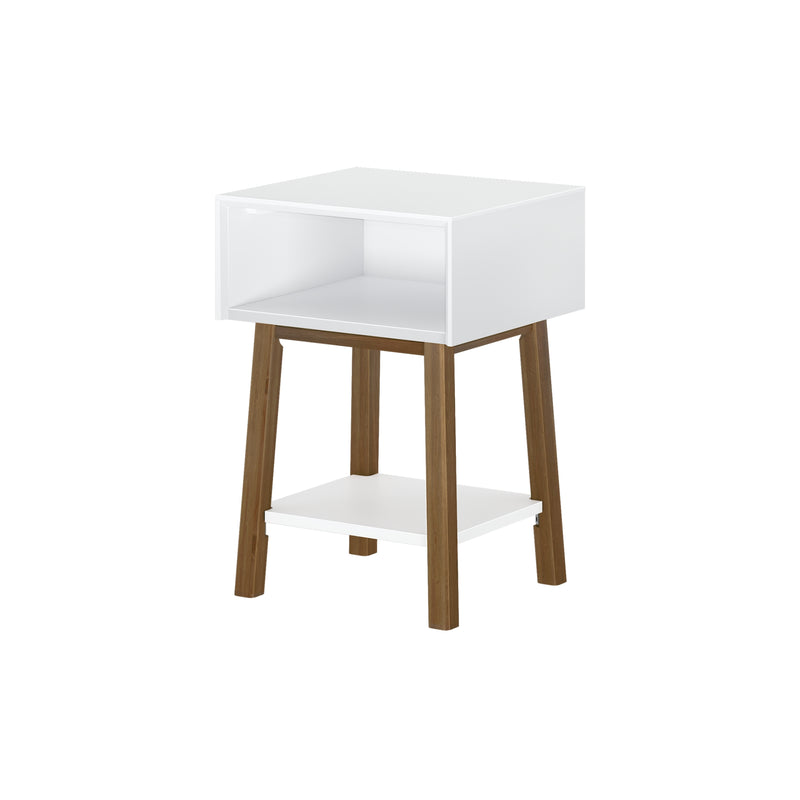 Modern white bedside table with open cubby and lower shelf, mid-century wooden legs, compact nightstand