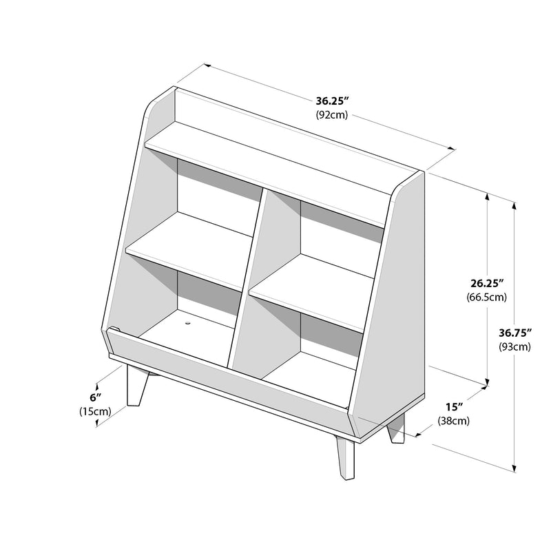 Kids slanted bookshelf toy organizer diagram with dimensions — 36.25″ (92 cm) top width, 36.75″ (93 cm) overall height, 26.25″ (66.5 cm) inner shelf height, 15″ (38 cm) depth and 6″ (15 cm) leg height, featuring angled cubby shelves for children's storage.