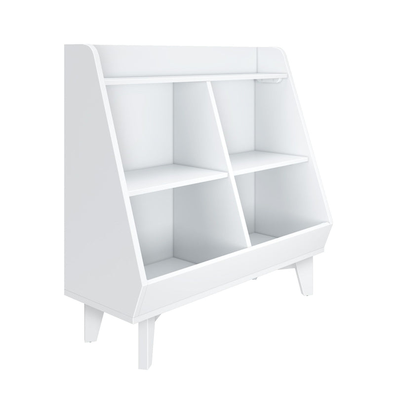 White mid-century modern wooden bookshelf with angled sides and six cubby storage compartments on tapered legs, ideal children's toy and book organizer