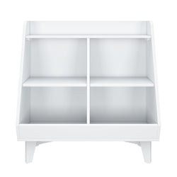 White wooden modern bookshelf with four compartments for home organization and storage solutions.