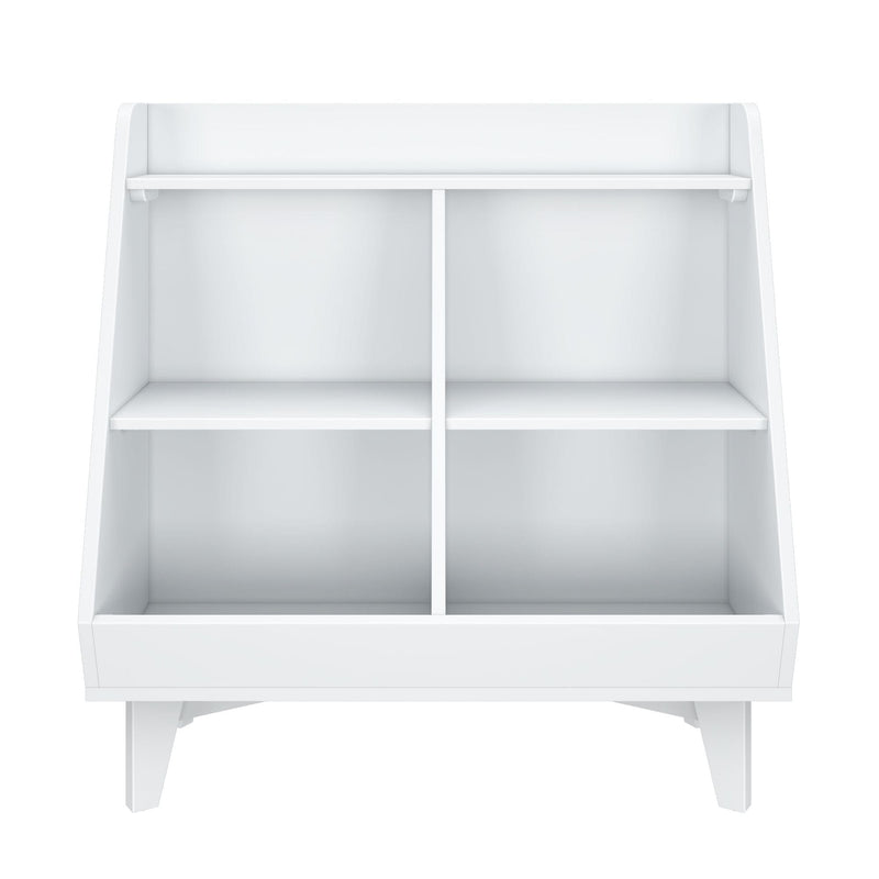White wooden cubby storage organizer with four open compartments, top shelf and legs — modern toy shelf for nursery, kids' room or entryway