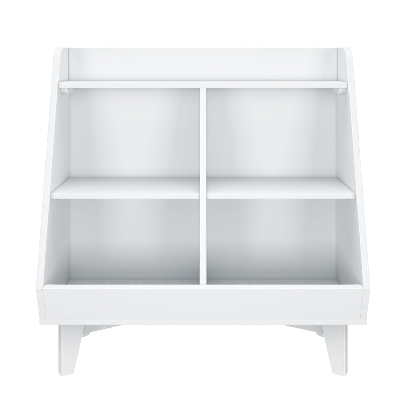 White wooden 4-cubby storage shelf with angled sides and mid-century modern legs, minimalist home organizer