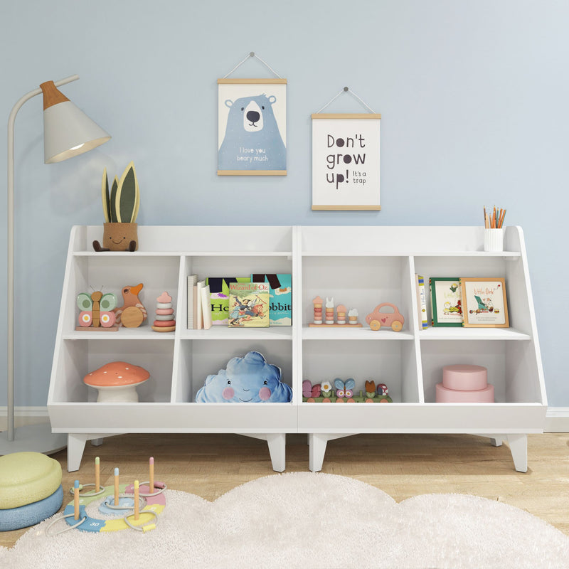 White children's bookshelf with wooden toys, picture books, plush cloud cushion and pastel nursery wall art — toy storage and playroom decor