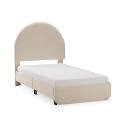 Modern beige twin bed frame with arch headboard and white mattress in a minimalist design.