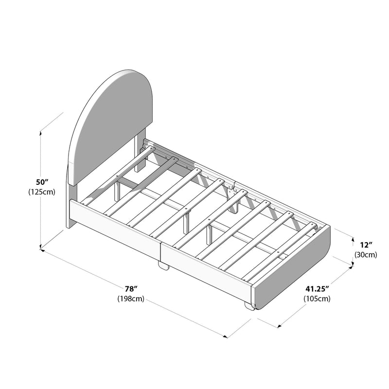 Twin bed frame with slatted base and dimensions, featuring a curved headboard design.
