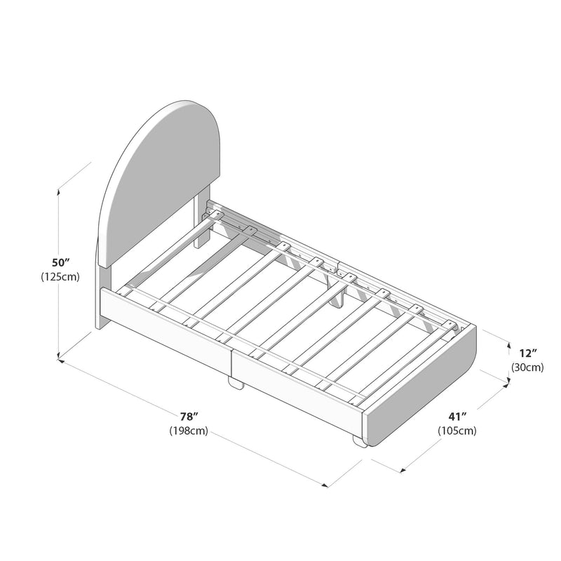 Assembly diagram of a wooden bed frame with slatted base and rounded headboard, showing dimensions 78" (198 cm) length, 41" (105 cm) width and 50" (125 cm) headboard height.
