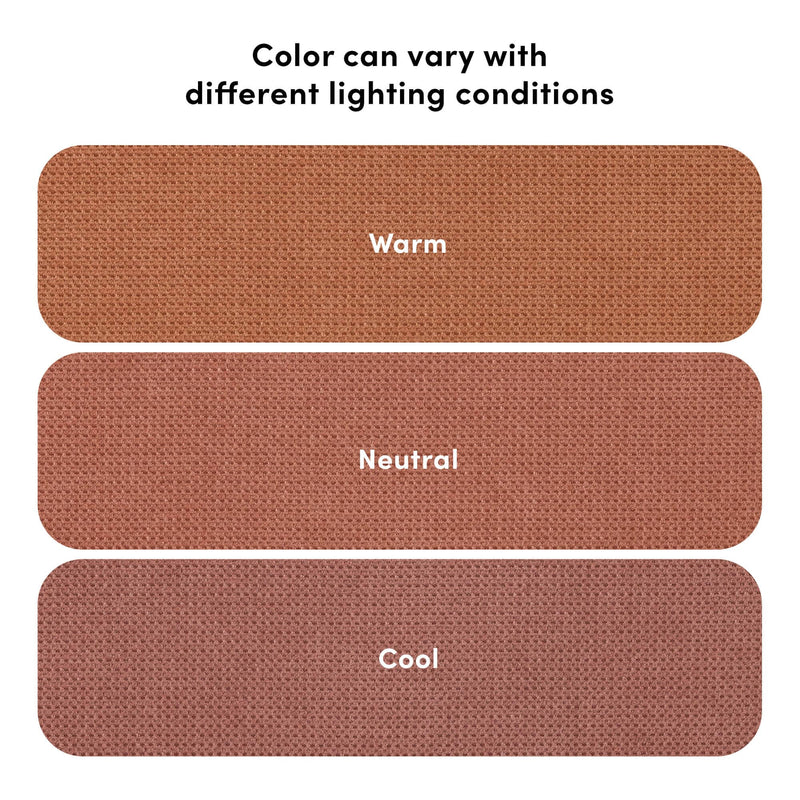 Textured rust knit fabric color swatches labeled "Warm", "Neutral", and "Cool" demonstrating how fabric color can vary under different lighting conditions