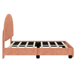 Mid-century modern pink velvet bed frame with headboard and slatted base.