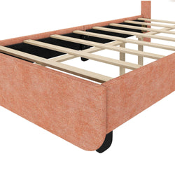 Modern upholstered bed frame with orange fabric and wooden slats for sturdy mattress support.