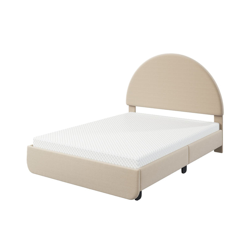 Beige upholstered twin-size bed with rounded arch headboard and white textured mattress on matching fabric frame, modern minimalist bedroom furniture