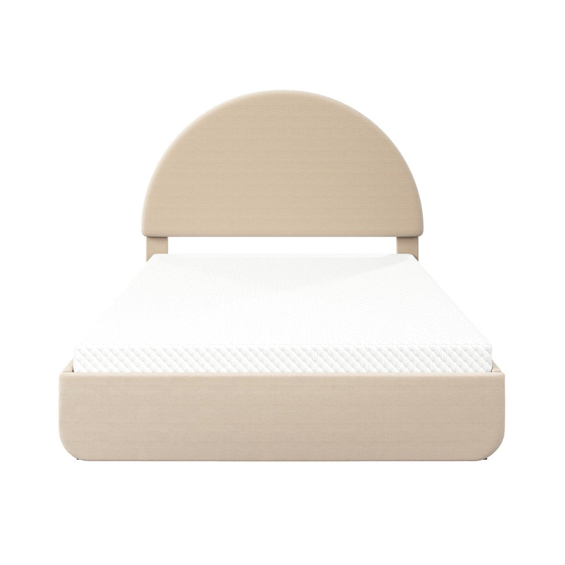 Minimal modern beige upholstered platform bed with curved semicircular headboard and white mattress, front view