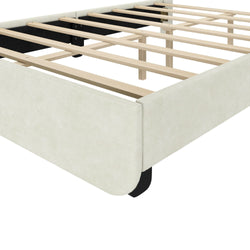 Wooden bed frame with beige upholstery and slatted design, ideal for modern bedroom decor.