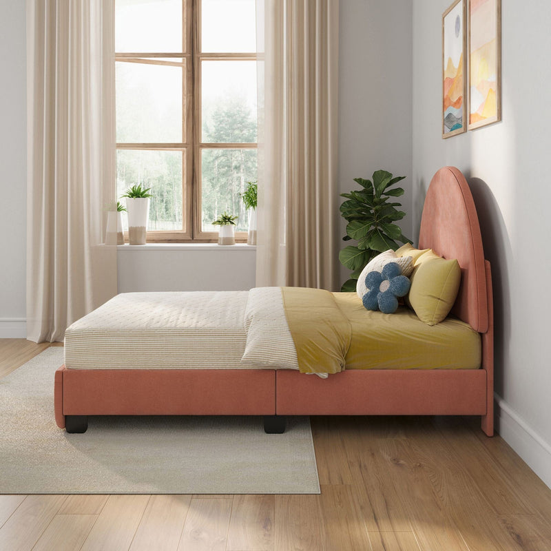 Modern cozy bedroom interior with coral upholstered bed and yellow bedding, decorative pillows, wooden casement window with sheer curtains, potted plants and natural light.