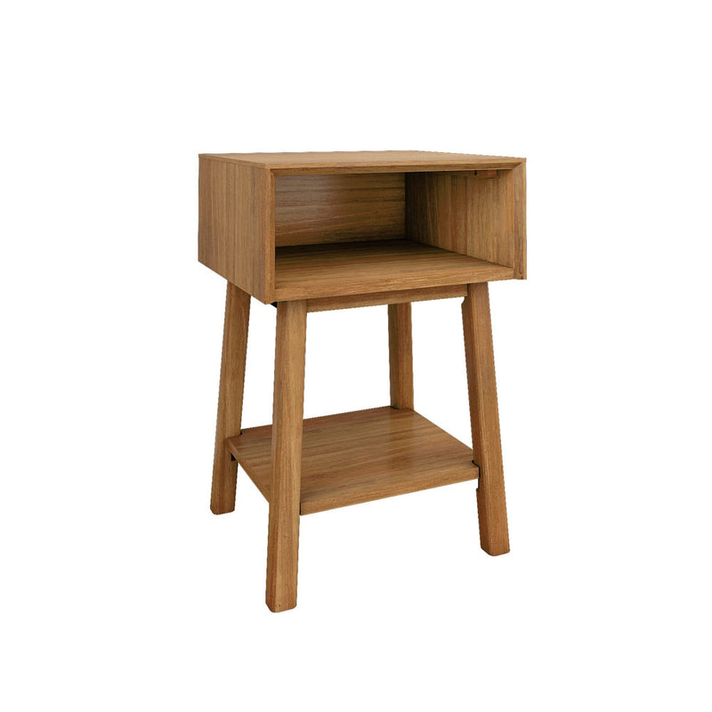 Mid-century modern wooden bedside table nightstand with open cubby and lower shelf in natural wood finish